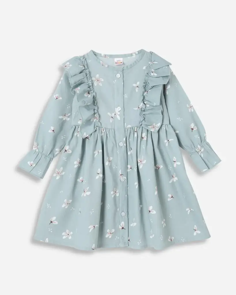 Mint Floral Ruffle Dress for Girls | Ages 6months - 6years | 100% Cotton | MOQ: 7pc / Set