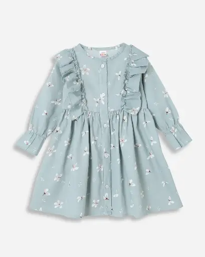 Mint Floral Ruffle Dress for Girls | Ages 6months - 6years | 100% Cotton | MOQ: 7pc / Set