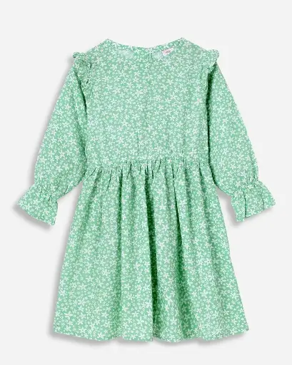 Floral Green Long-Sleeve Dress for Girls | Ages 6months - 6 years | 100% Cotton | MOQ: 7pc / Set