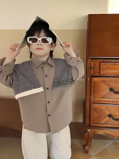 Striped Panel Button-Up Shirt For Kids | Ages 3 - 9 Years | 100% Cotton, Modern Casual Wear | MOQ: 5pc / Set