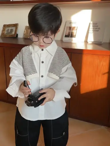 Striped Panel Button-Up Shirt For Kids | Ages 3 - 9 Years | 100% Cotton, Modern Casual Wear | MOQ: 5pc / Set 